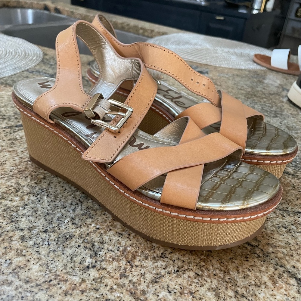 Sam Edelman tan brown strappy leather platform wedge sandals
